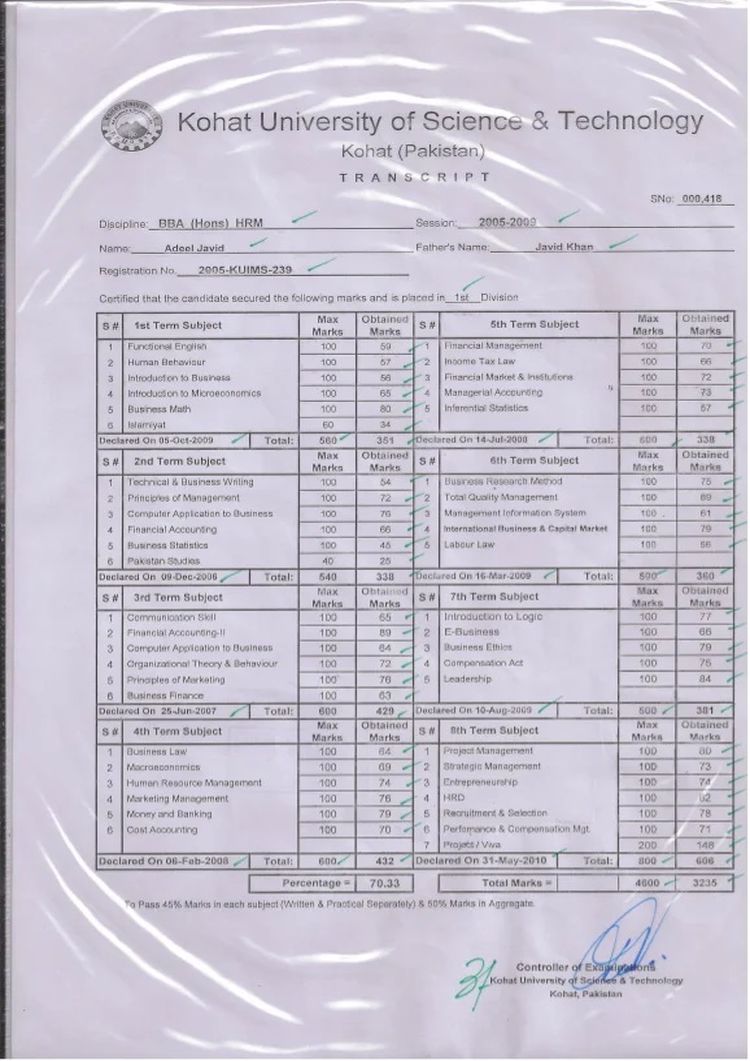 Buy Transcript Certificate from The Kohat University of Science and Technology
